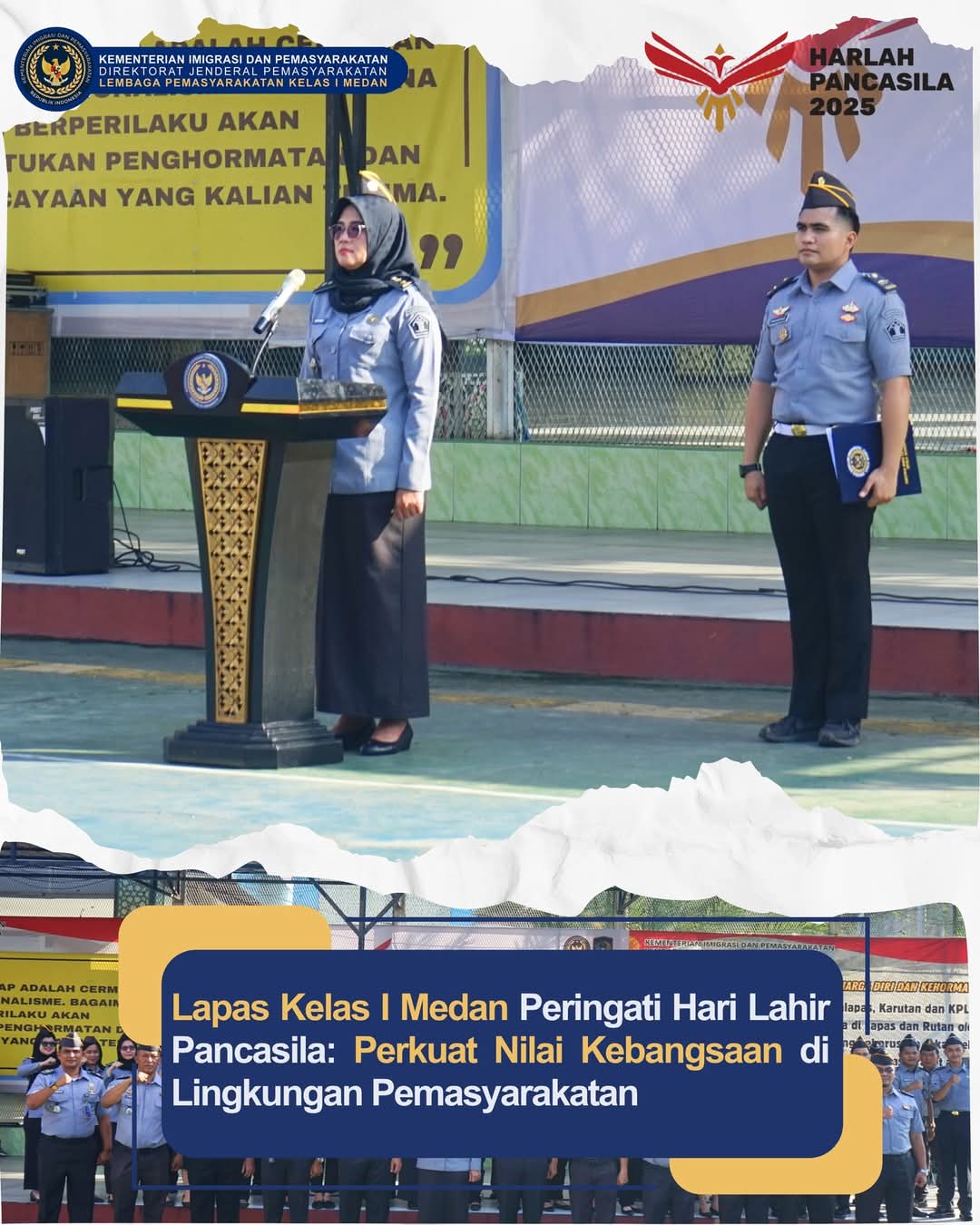 Foto:Kepala Bagian Tata Usaha, Nurma Yuliati Bertindak selaku inspektur upacara di Lapas Kelas I Medan Peringati Hari Lahir Pancasila