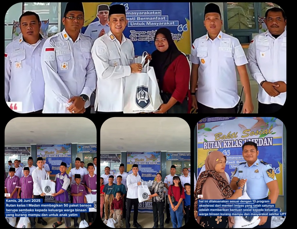 Karutan Kelas I Medan Beserta Jajaran Staf Berikan Sembako Kepada Keluarga Warga Binaan Kurang Mampu,Dan Anak Yatim.(Doc/Foto:Rutan Kelas I Medan)
