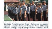 Ket Foto: Menggelar Upacara Peringatan Hari Lahir Pancasila Tahun 2025 Yang Khidmat Sebagai Wujud Penghormatan Terhadap Dasar Negara Dan Semangat Persatuan.Upacara Ini Dilaksanakan Dilapangan Upacara Lapas I Palembang Dan Dihadiri Oleh Seluruh Pegawai Lembaga Serta Perwakilan Wbp