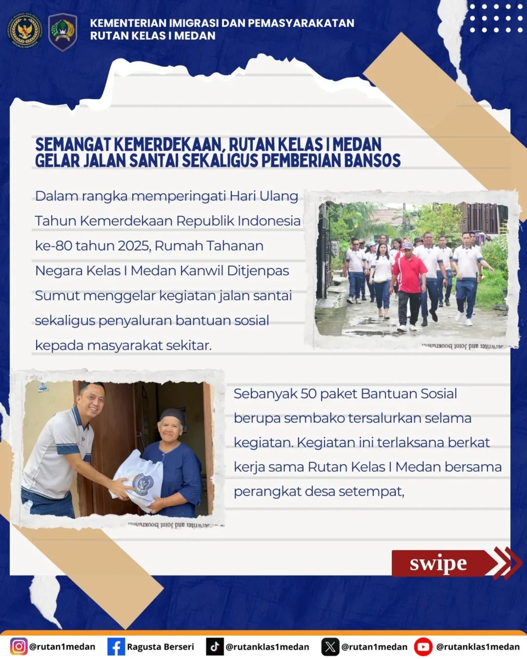 Memperingati HUT RI ke-80, Rutan Kelas I Medan Bagikan Bantuan Sosial kepada Masyarakat Sekitar