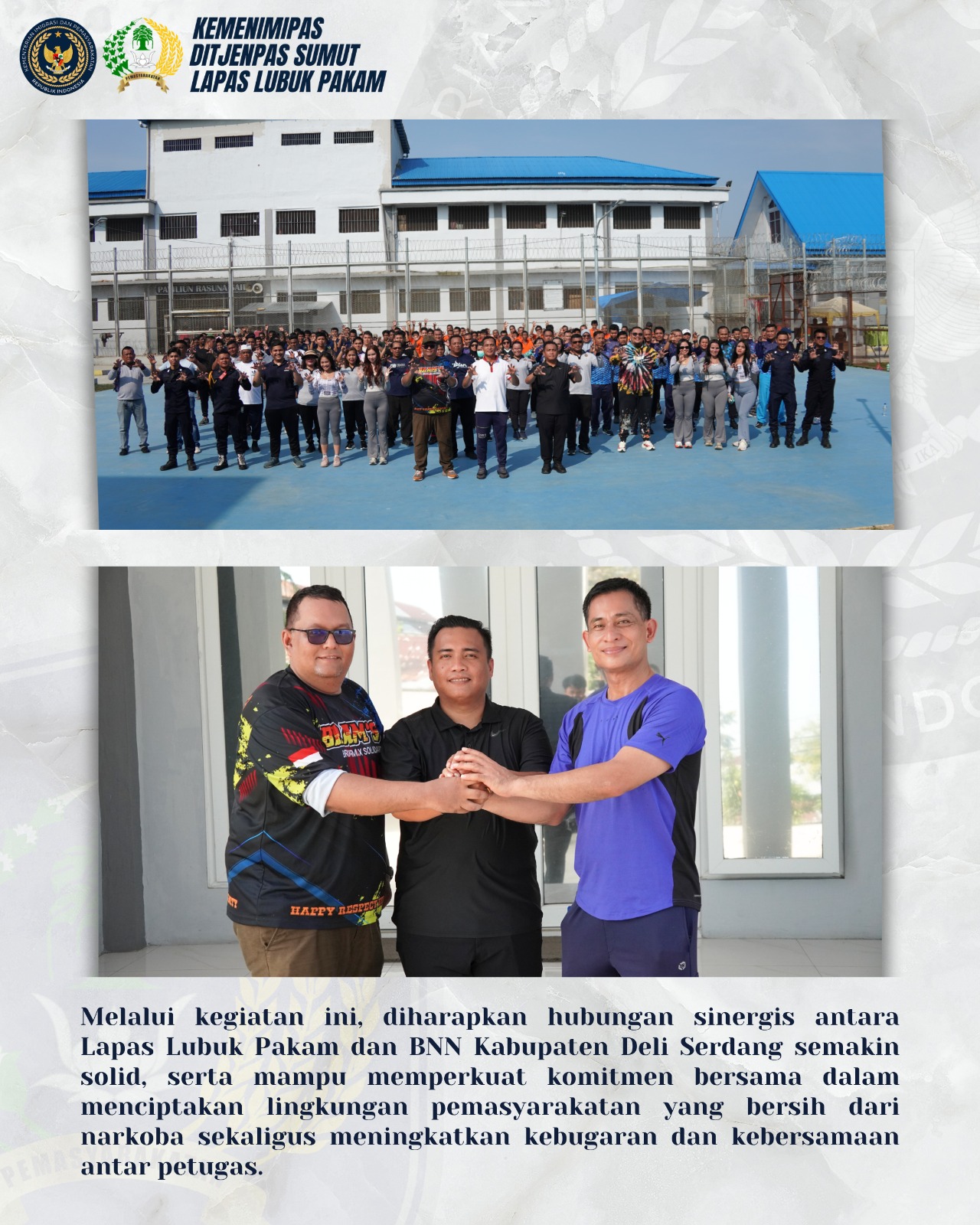 Petugas Lapas Lubuk Pakam dan BNN Deli Serdang memperkuat sinergi melalui senam bersama (atas) dan tenis meja (bawah) demi soliditas pemberantasan narkoba.(Doc/Foto : Humas Lapas Lubuk Pakam)