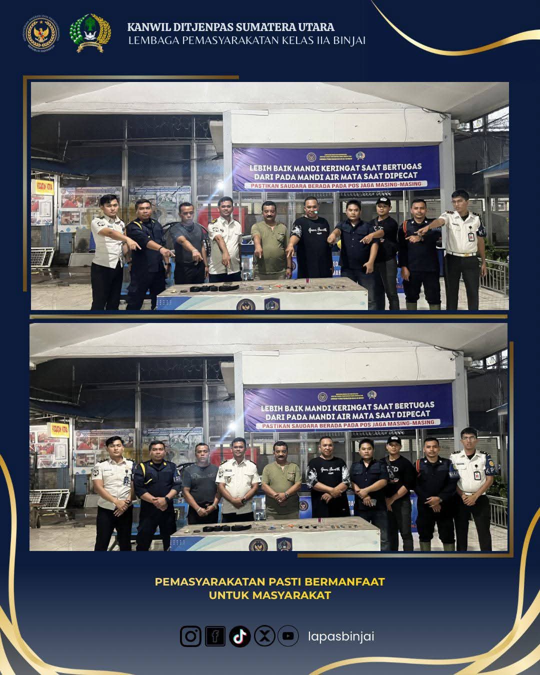 Jajaran pengamanan Lapas Kelas IIA Binjai menunjukkan sejumlah barang bukti hasil razia blok hunian pada Rabu (03/06/2025) malam.(Doc/Foto : Humas Lapas Binjai)